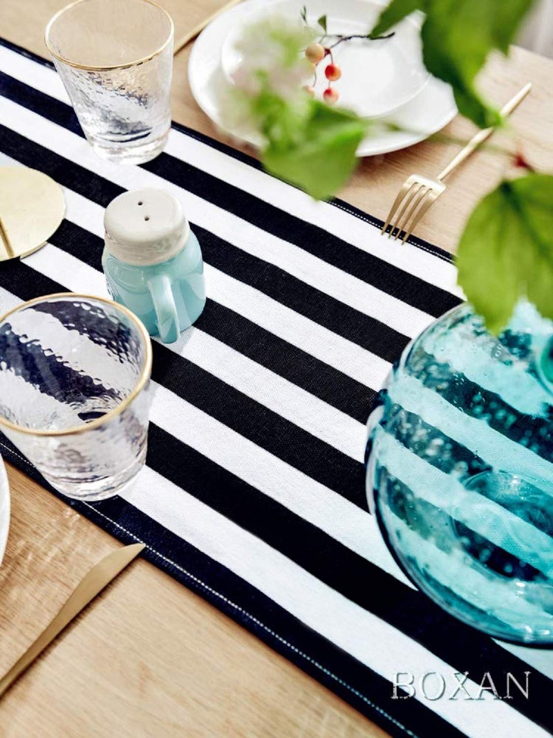 BOXAN Classic Black and White Striped Table Runner, Modern Stripes Pattern Elegant Cotton Canvas Table Top Decor for Art Deco Wedding, Bridal Shower, Bachelorette Party Decorations, 12" x 108" - Image 2